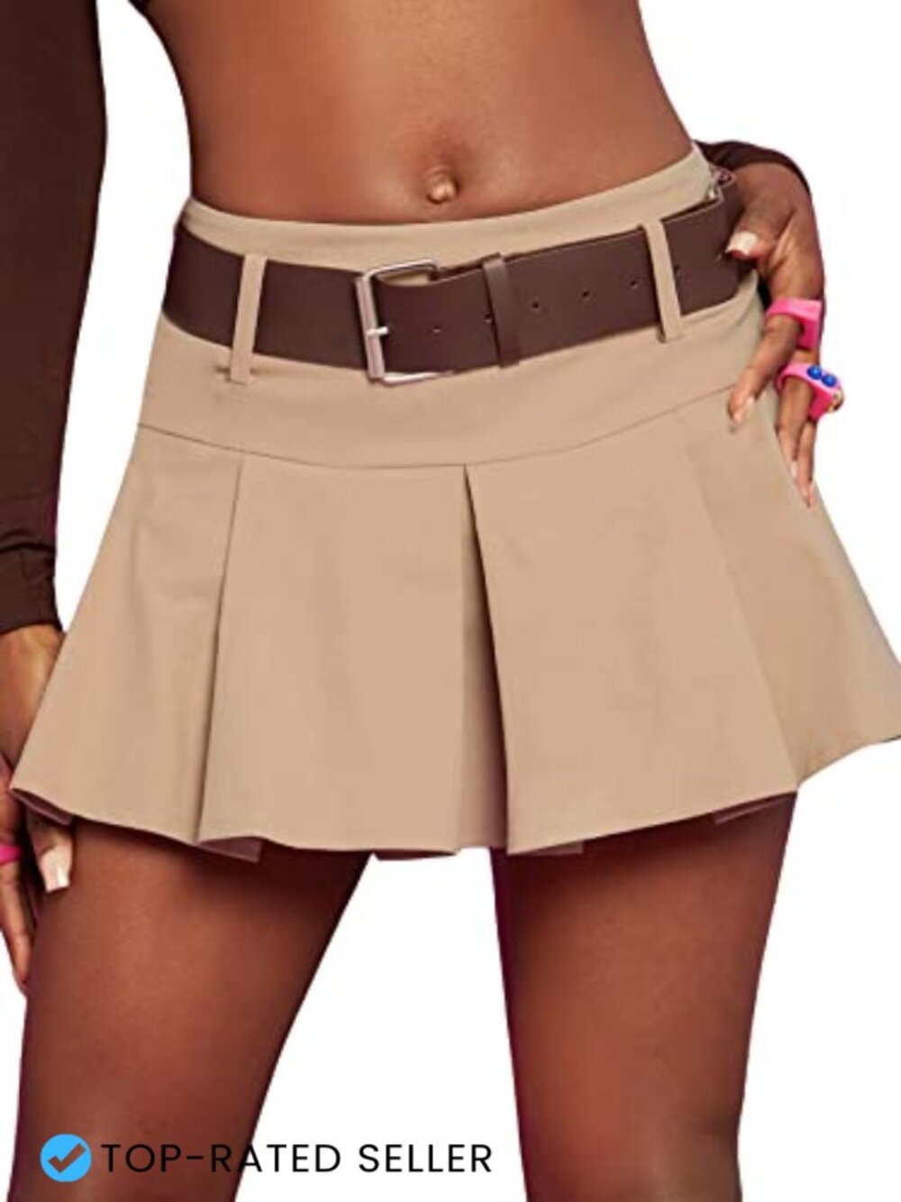 Pleated Low Waist Stretch Mini Skater Skirt with Belt